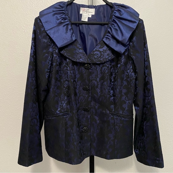 Vintage Women’s Black Lace Jaquard Taffeta Neck Blue Evening Jacket 16 Victorian - Picture 1 of 12